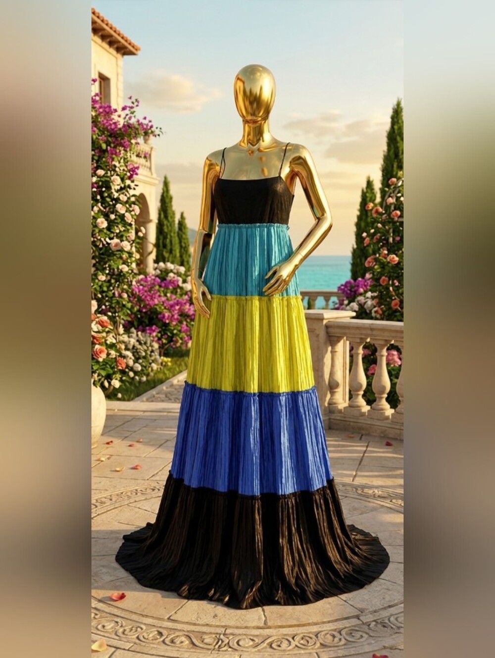 Le Chateau Tiered Colorblock Maxi Dress in Black, Teal, Lime & Royal Blue